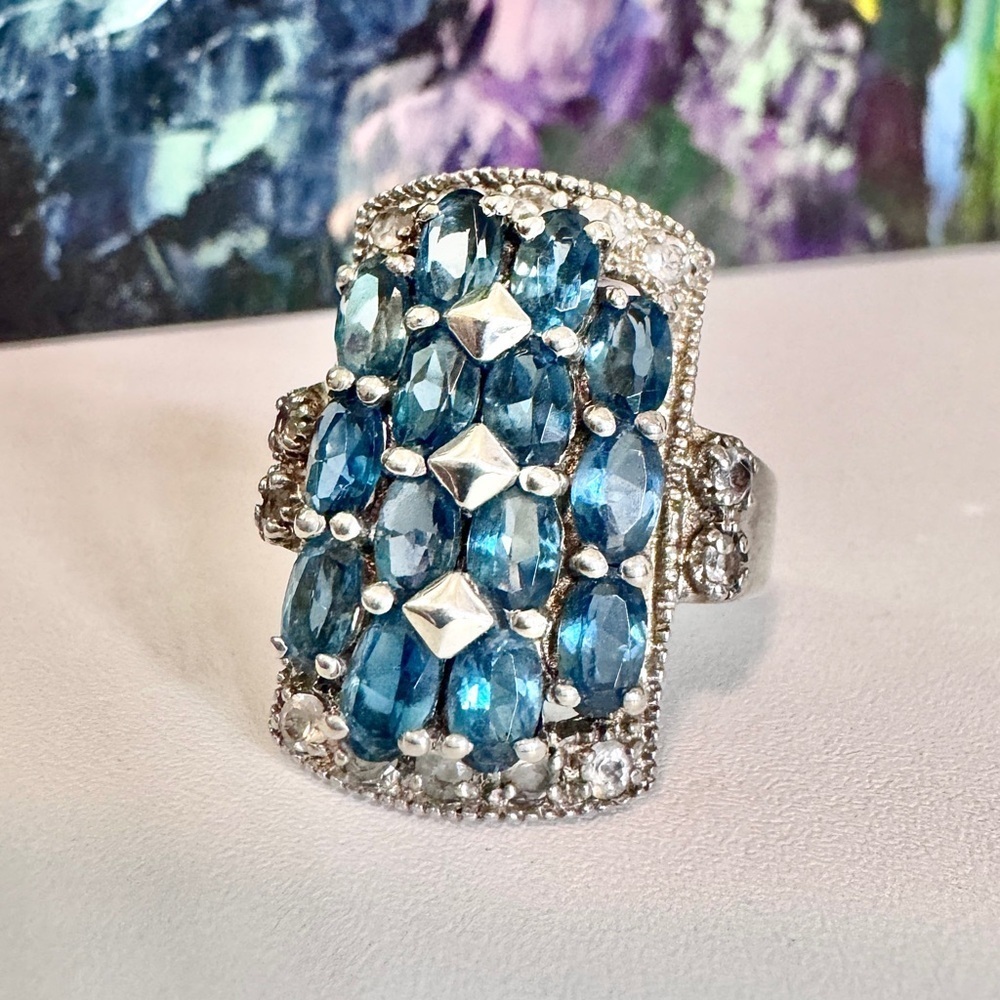 Swiss Blue Topaz / White Topaz Sterling Silver Ring (6.5)